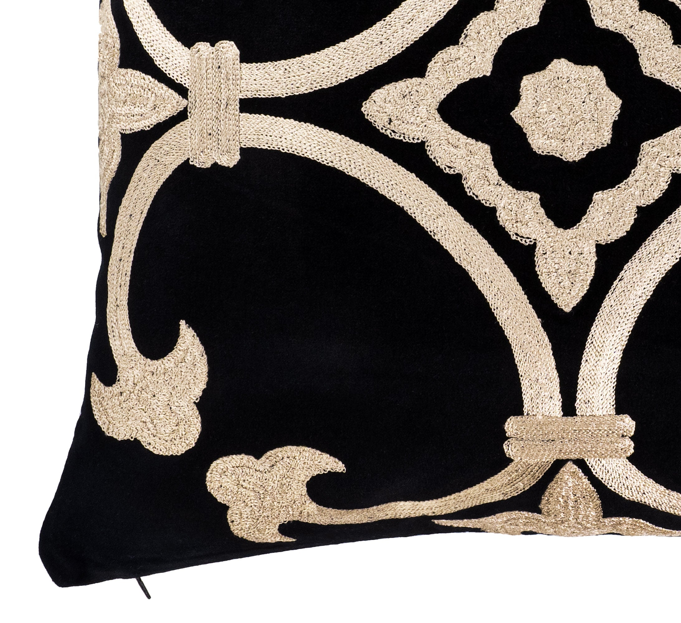 Black Velvet Throw Pillow with Gold Embroidery, 20 x 20