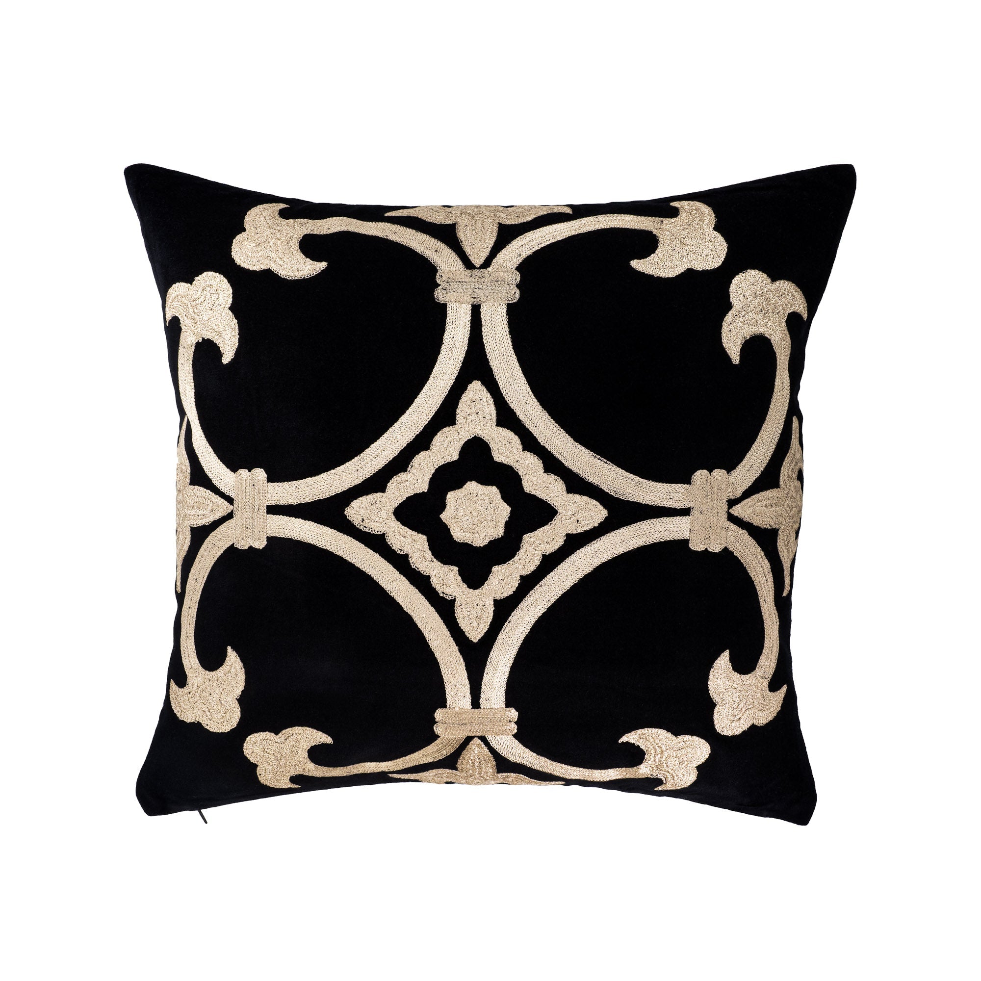 Black Velvet Throw Pillow with Gold Embroidery, 20 x 20