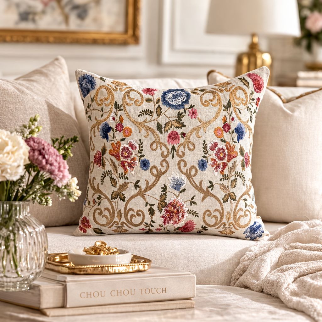 Chantilly Embroidered Linen Throw Pillow Cover, 18 x 18