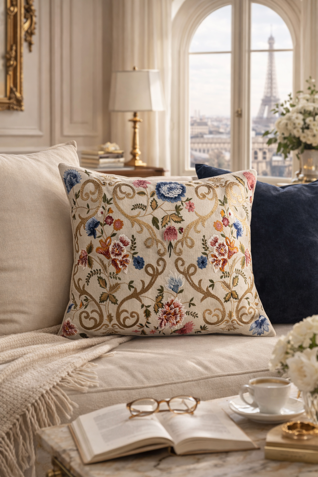 Chantilly Embroidered Linen Throw Pillow Cover, 18 x 18