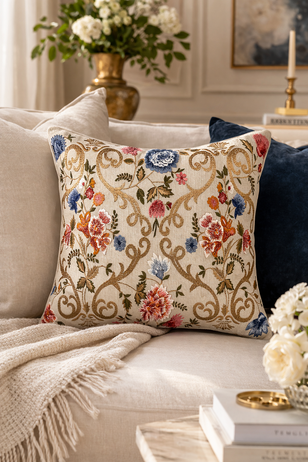 Chantilly Embroidered Linen Throw Pillow Cover, 18 x 18