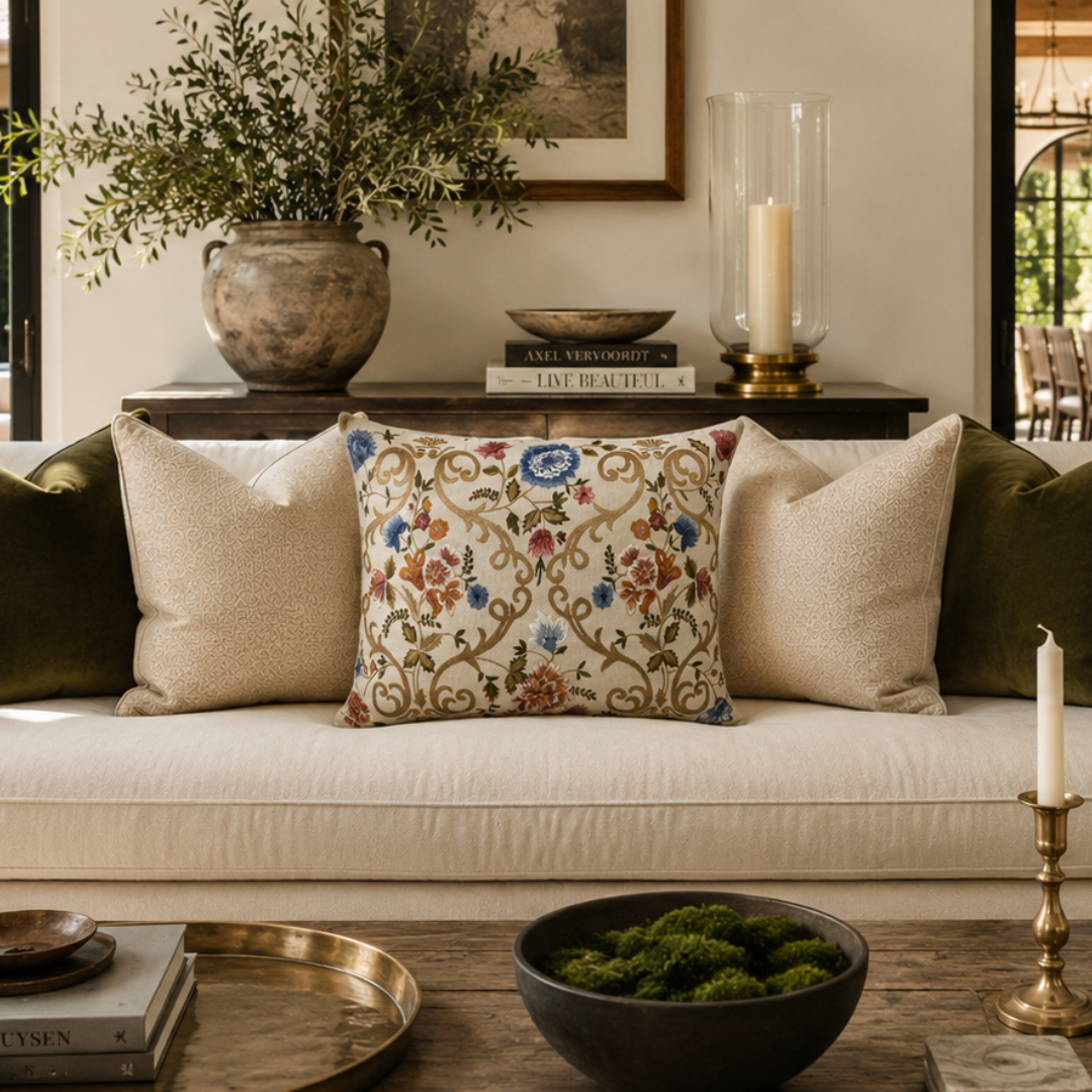 Chantilly Embroidered Linen Throw Pillow Cover, 18 x 18