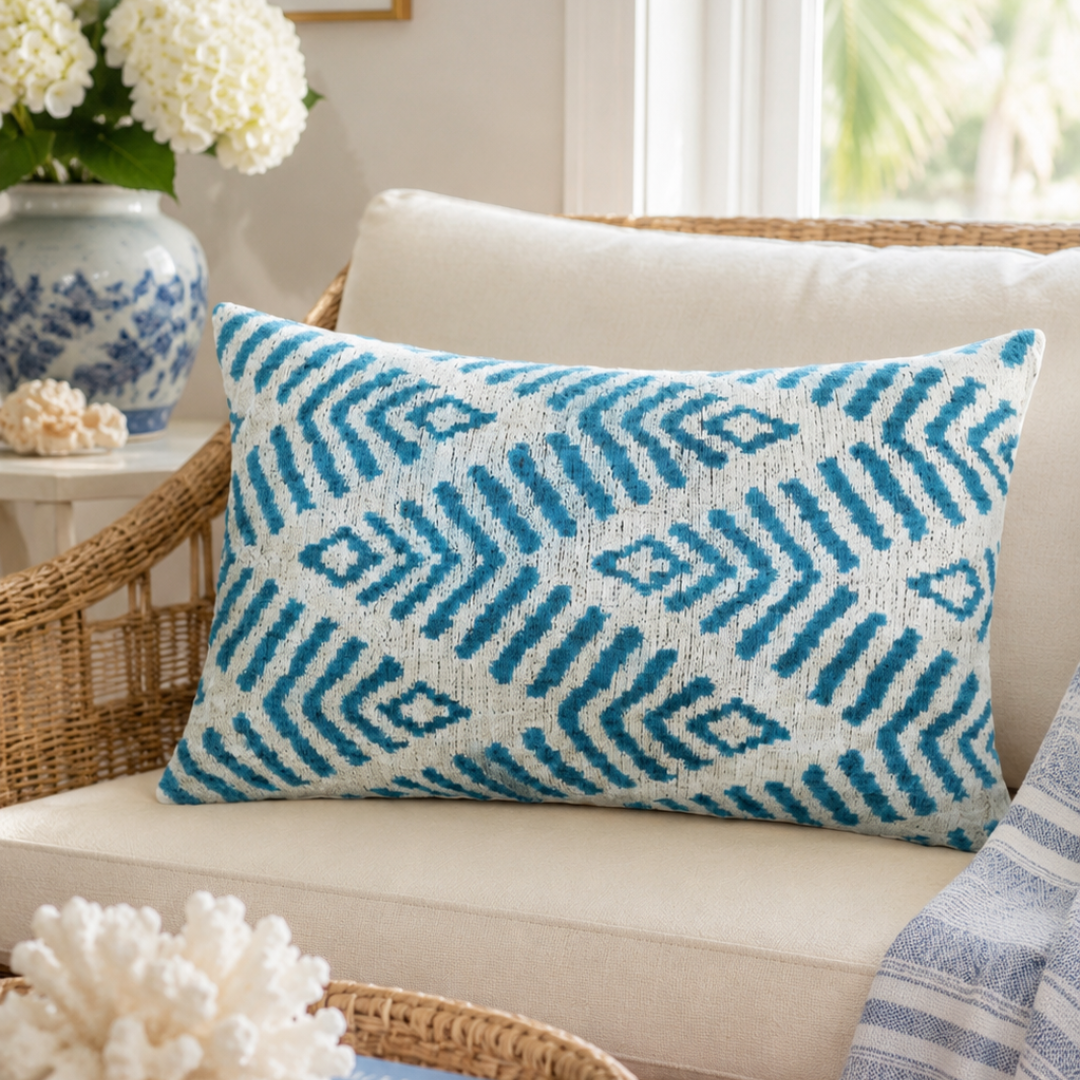 Coastal Blue Silk Velvet Ikat Throw Pillow Cover 16 X 24