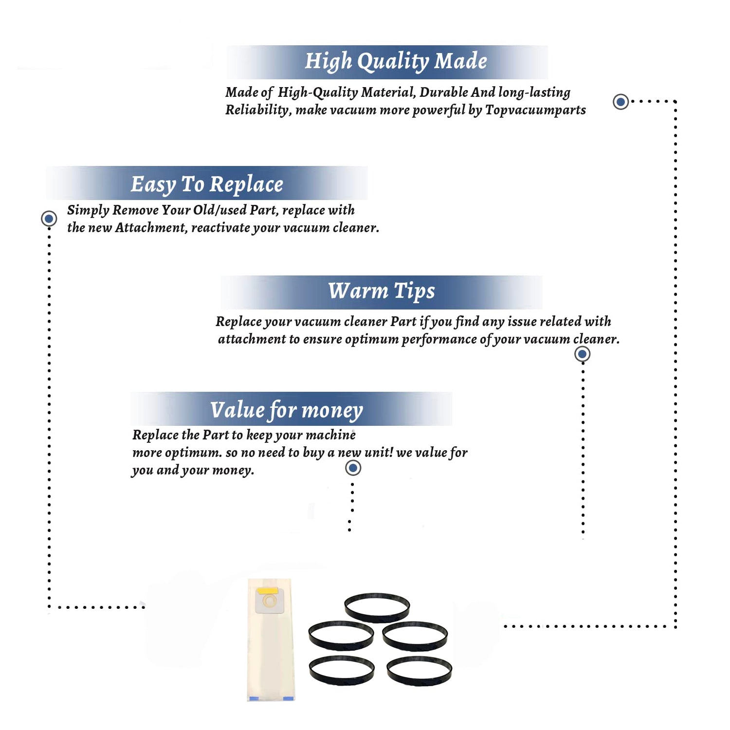 Topvacuumparts For Micro Filtration MC-UG371, MC-V110, MC-V120 Models Vacuum 9 Dust Bags With 5 Belts For Panasonic compare to parts 816-9, 17395