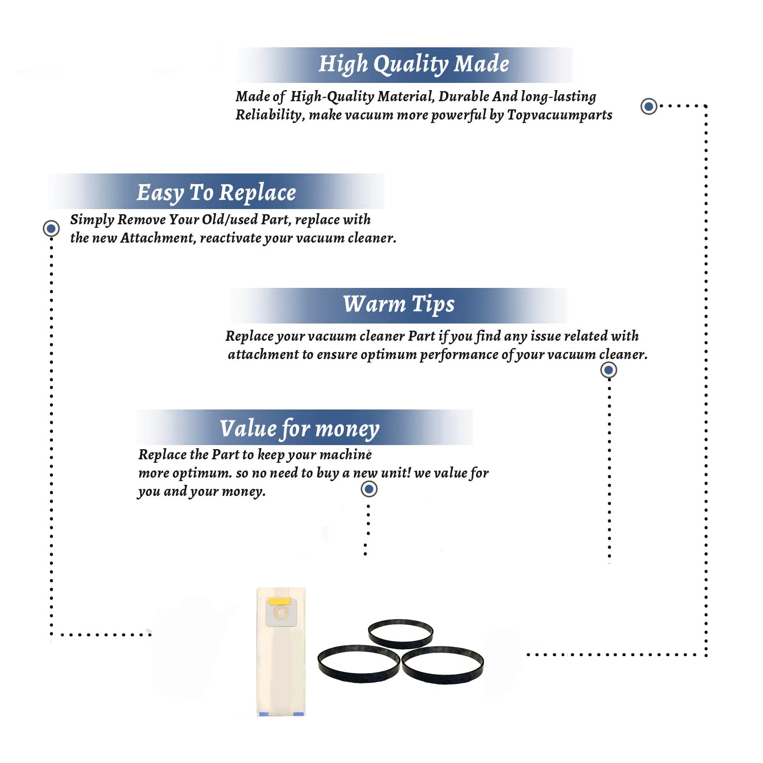 Topvacuumparts Replacement For Micro Filtration Vacuum 9 Dust Bags 3 Belts For Panasonic compare to parts 816, 17395