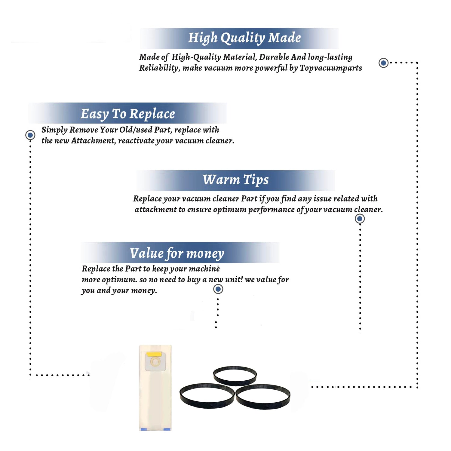 Topvacuumparts For Micro Filtration MC-115PT, MC-V145M, 20-5275 Vacuum 9 Dust Bags 3 Belts For Panasonic compare to parts 816, 17395