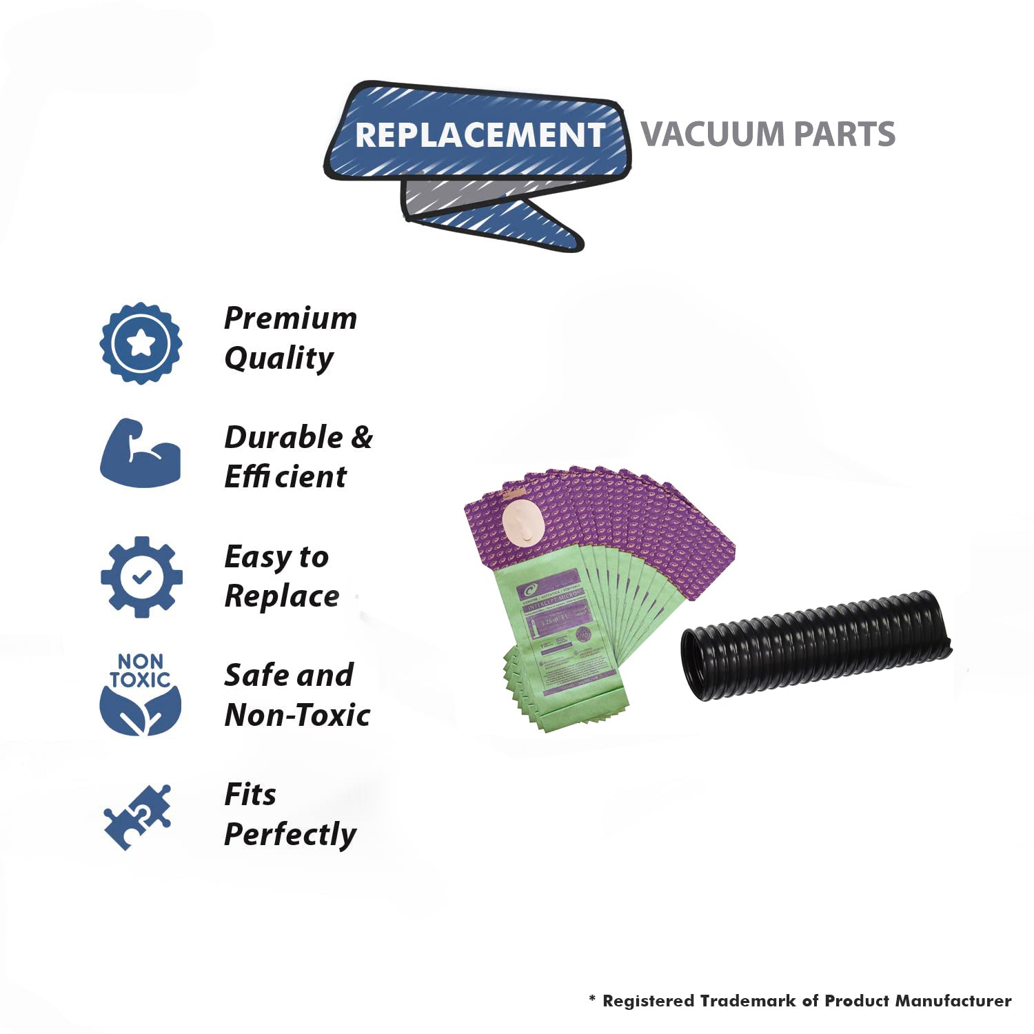 Topvacuumparts Replacement For ProTeam 10 Intercept Micro Filter Bags with 1 Air Duct Hose ProForce 1500XP, 1200XP # Part 103483, 26-6250-67