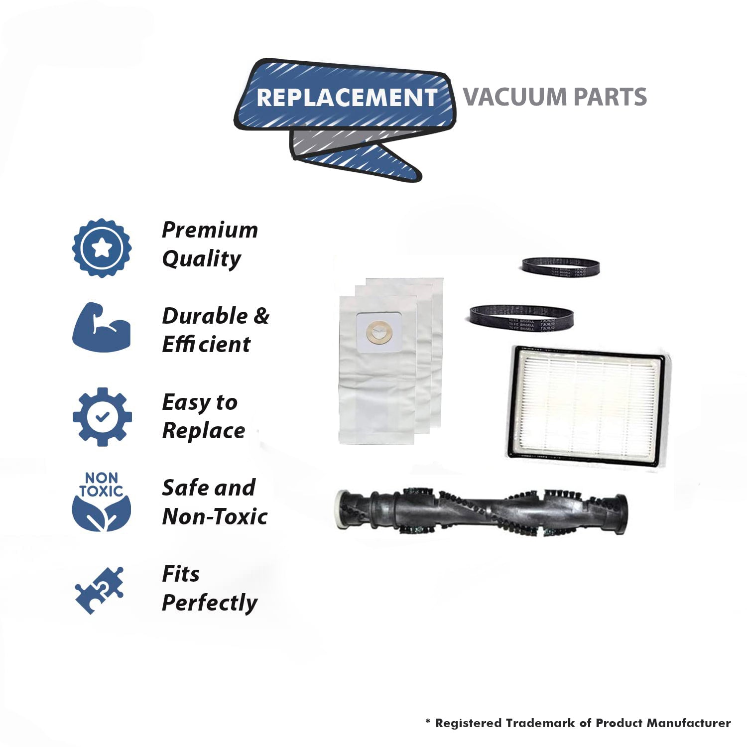 Topvacuumparts Replacement For Bissell 3 Paper Bags and 1 Hepa Filter, with 1 Brushroll and 2 Flat Belts, Fits 3530, 3537 # 32120, 921, 32074, 2031289