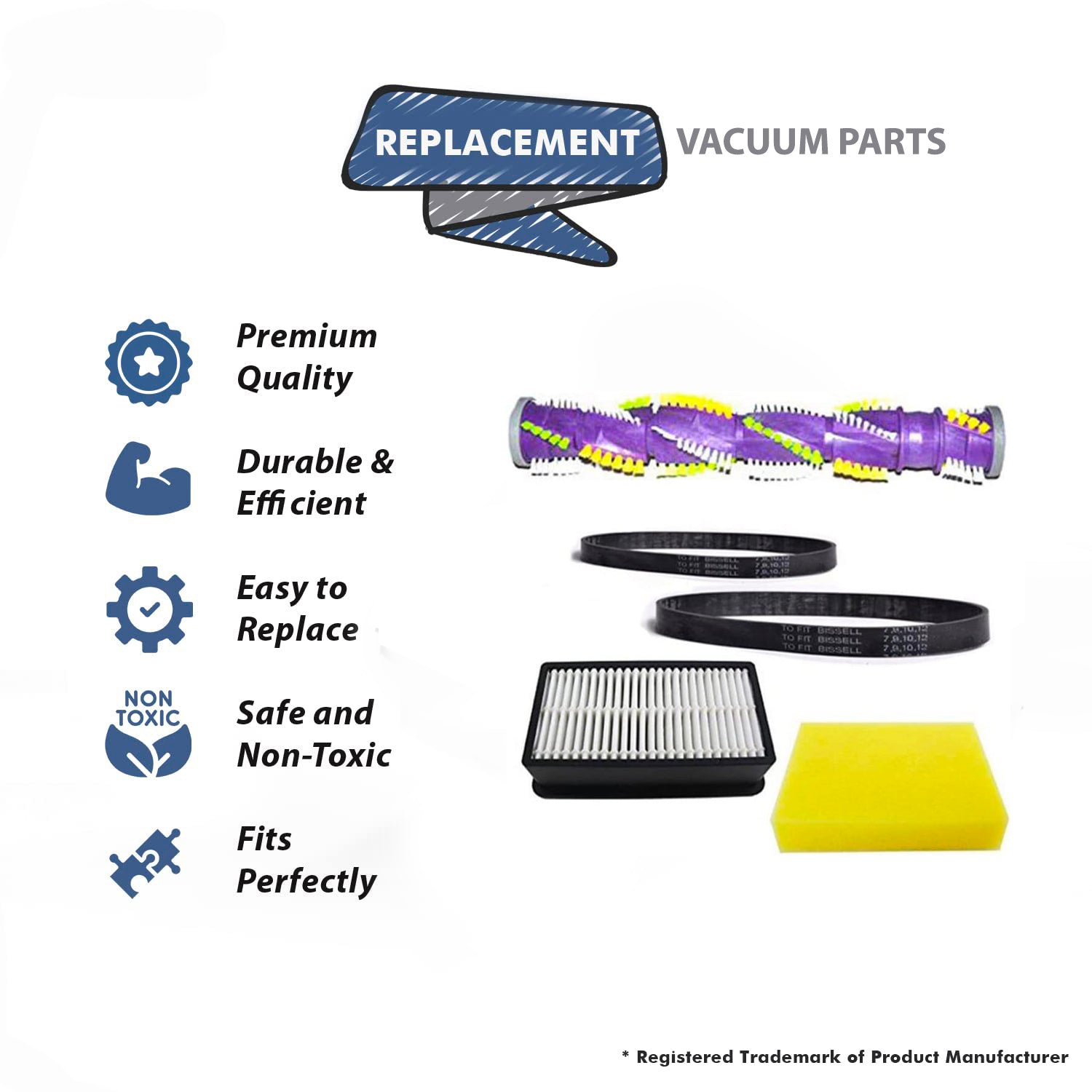 Topvacuumparts Replacement For Bissell Vacuum Cleaner 1 Roller Brush, 1 Hepa Filter & Foam Filter With 2 Belts # 17364, F956, 1611230