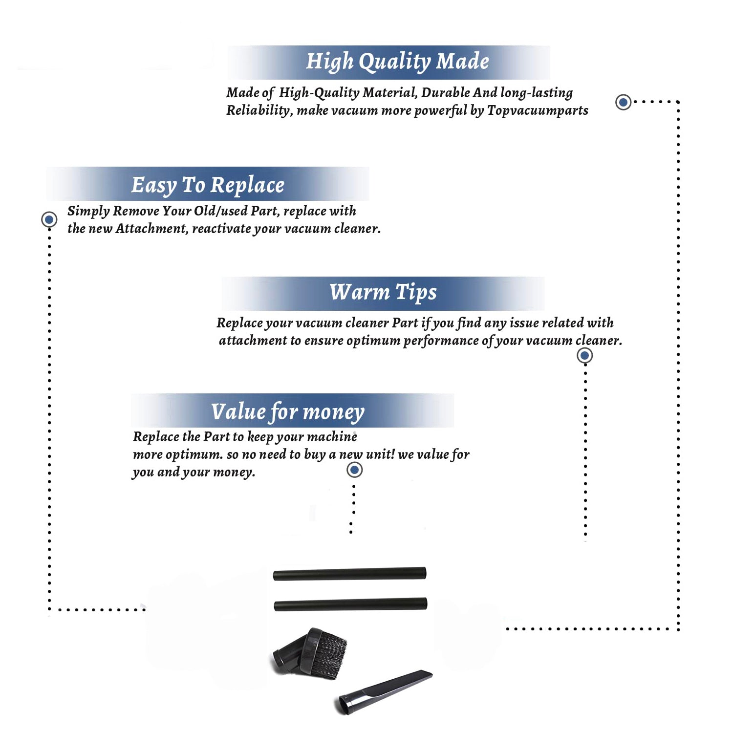 Topvacuumparts Replacement For Shop 2 Extension Wands With 1 Round Brush and 1 Crevice Tool # 53572, 32-1607-63, 32-1820-66