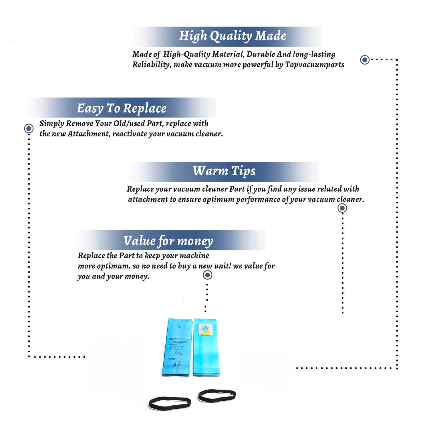 Topvacuumparts Replacement For Riccar 2000, 4000 Vibrance Series Simplicity 5000, 6000 Vac 12 Paper Bags With 2 Belts Part 845-12, 9.104