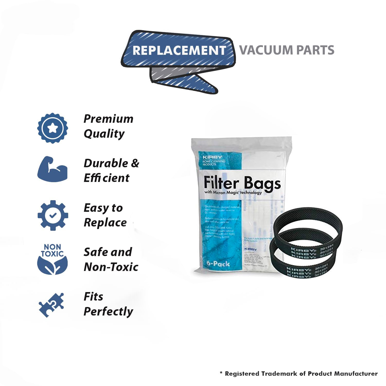 Topvacuumparts Replacement For Kirby Ultimate G Vacuum Cleaner Type F & Twist Style Universal 6 Bags, 2 Belts # 204811G, 301291S
