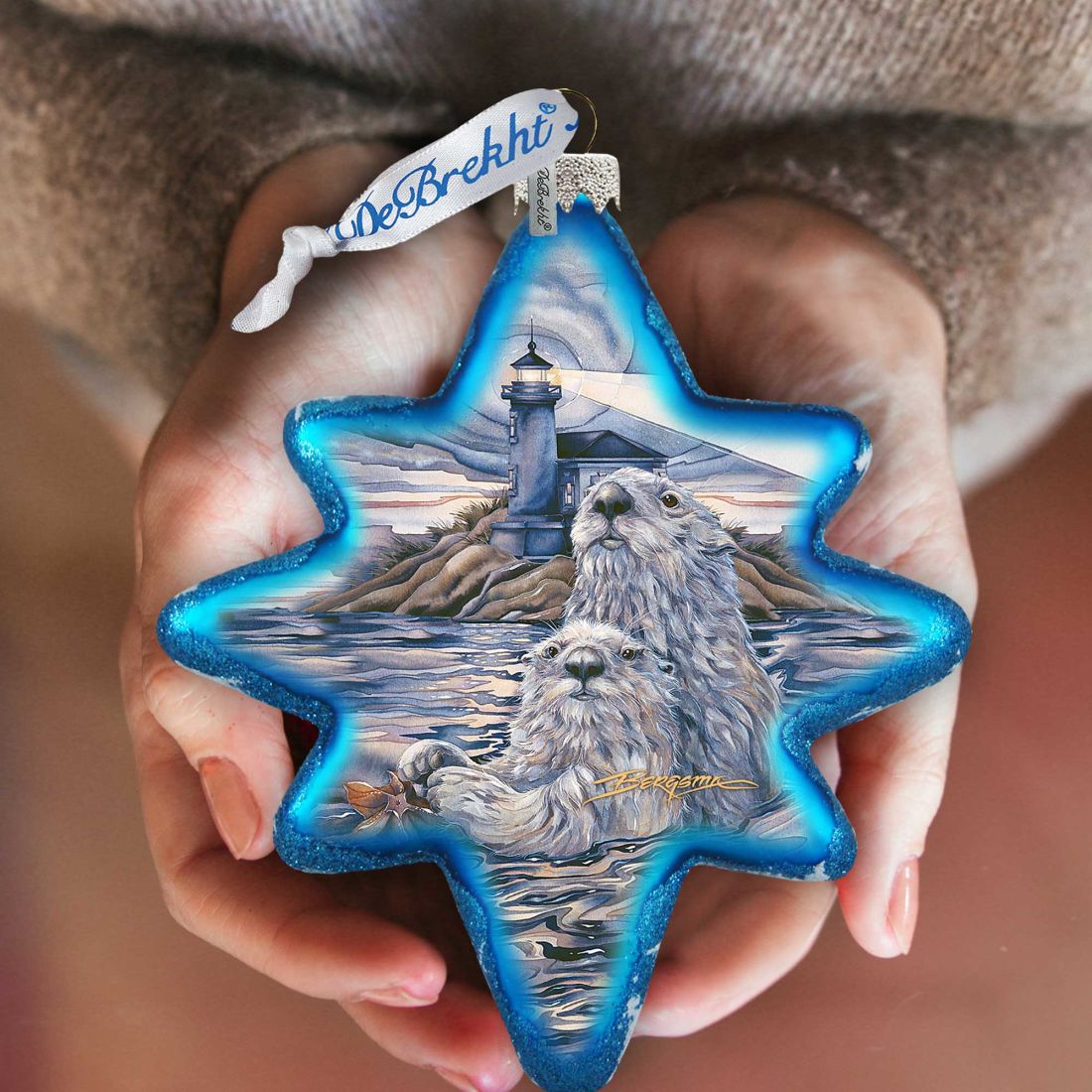Starlight Otter Lighthouse Glass Ornament by J. Bergsma - Wildlife Holiday Decor - 755-572-JB