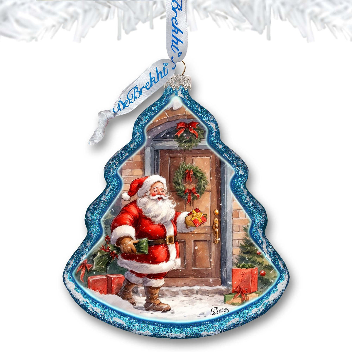 Santa Knocking at the Door Tree Glass Ornament by G. Debrekht - Christmas Santa Snowman Decor - 762-030