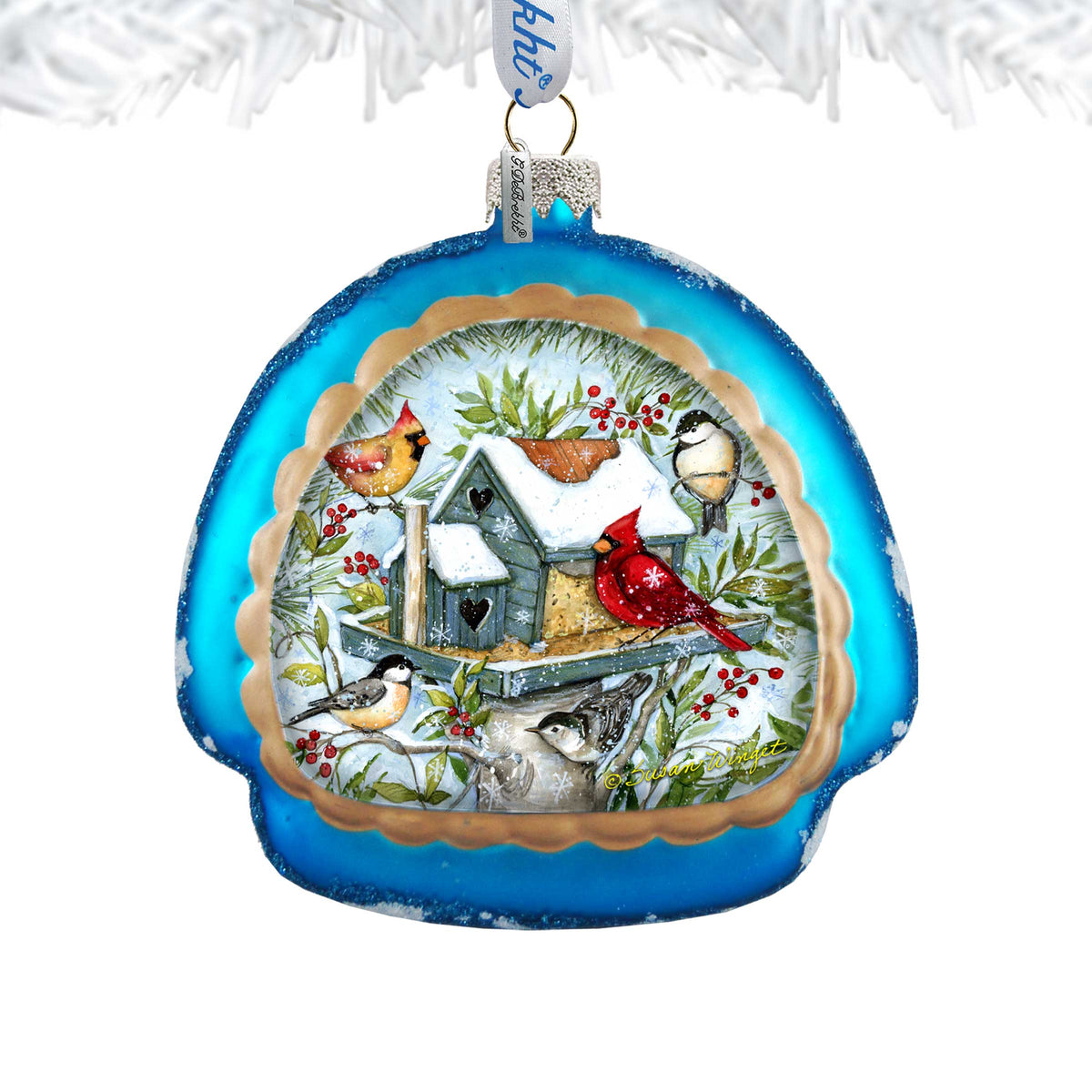 Mercury Glass Birdhouse - Winter Cardinals - Christmas Tree Decor by Susan Winget - Welcome Winter - Handmade Gift - Handblown Glass - 756-115-SW