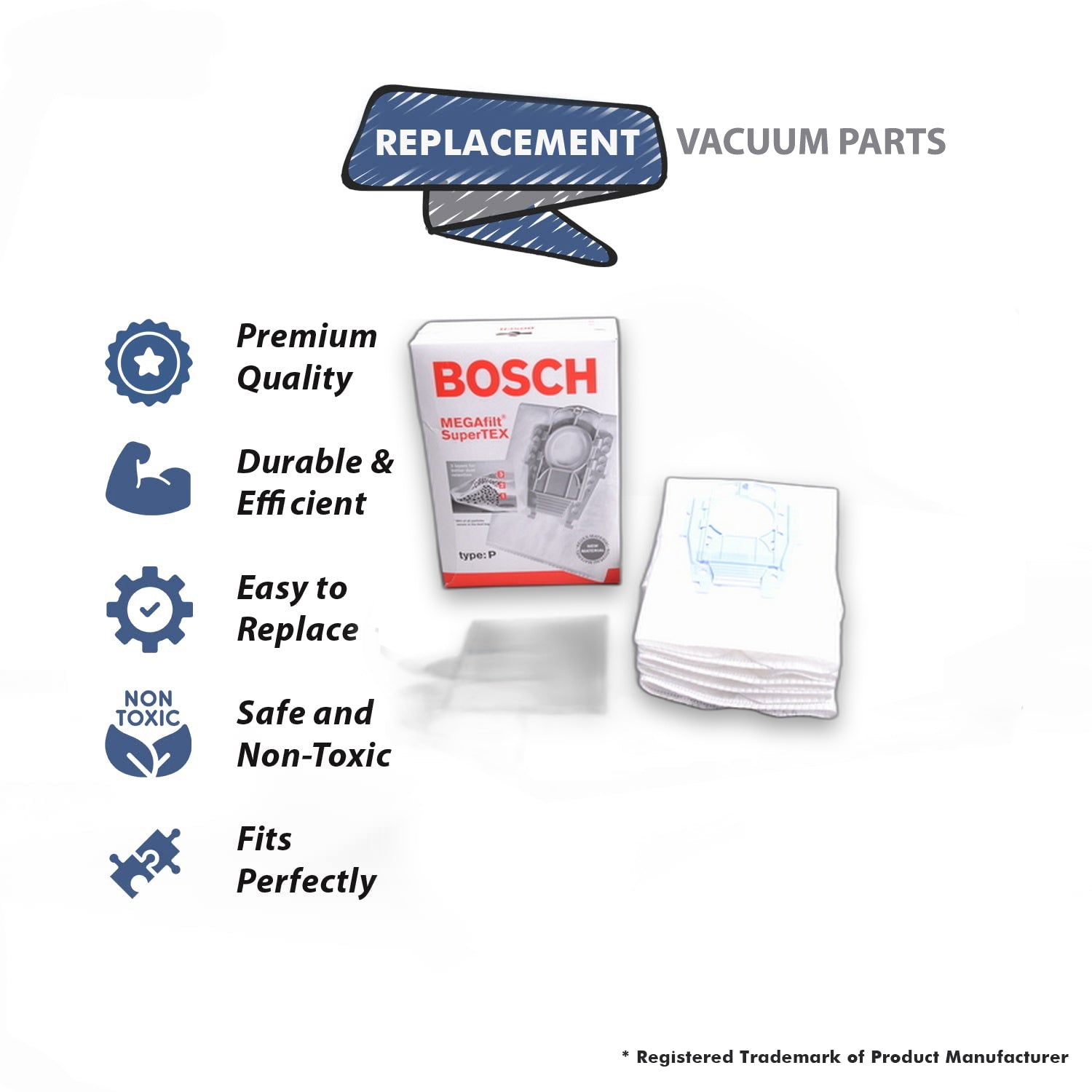 Topvacuumparts Replacement For Bosch Premium Canister Type P Series 8000 Vacuum Cleaner Paper Bags (5 Bags) # Compare to Part 462586