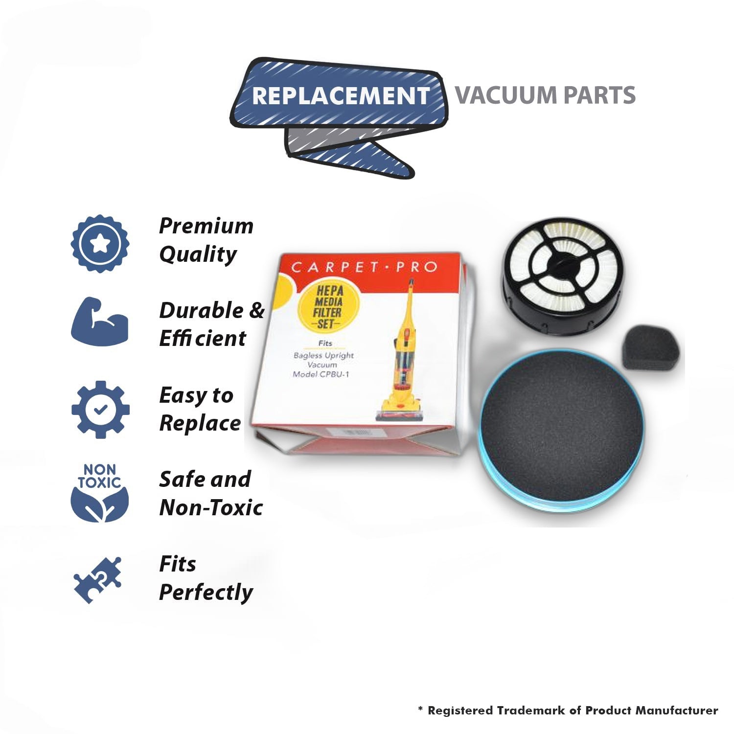 Topvacuumparts Replacement Part For Carpet Pro Vacuum Hepa & Secondary Filter Set Fits CPBU 1 Models # compare to part CPBU F