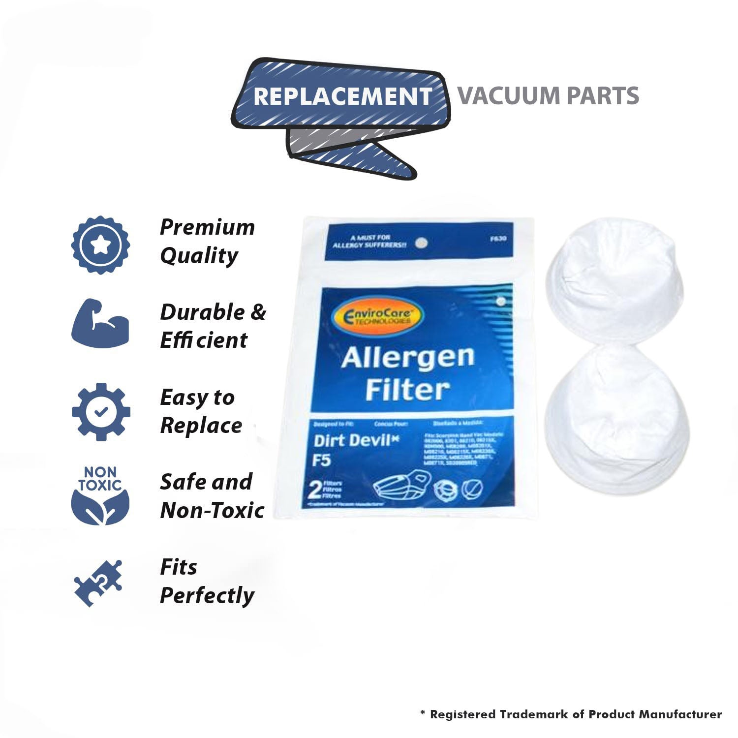 Topvacuumparts Replacement Part For Dirt Devil F5, Hand Vacuum Cleaner Allergen Filter 2PK // F630