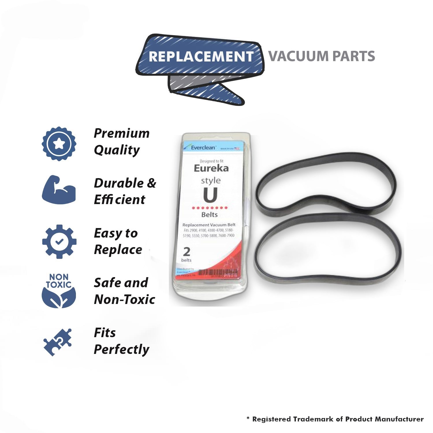 Topvacuumparts Replacement Part For Eureka 2900, 4100, 4300-4700 Upright Vacuum Cleaner Type U Belt (2 Belts) # Compare to part 20-3108-01