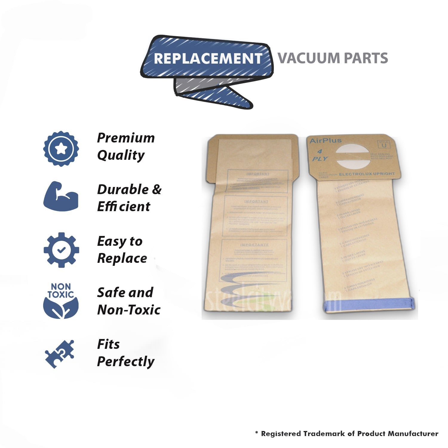Topvacuumparts 3 Bags Style U Replacement Part For Electrolux Upright Vacuum Cleaner 2500, 3500, 4000, 6000# compare to part 138