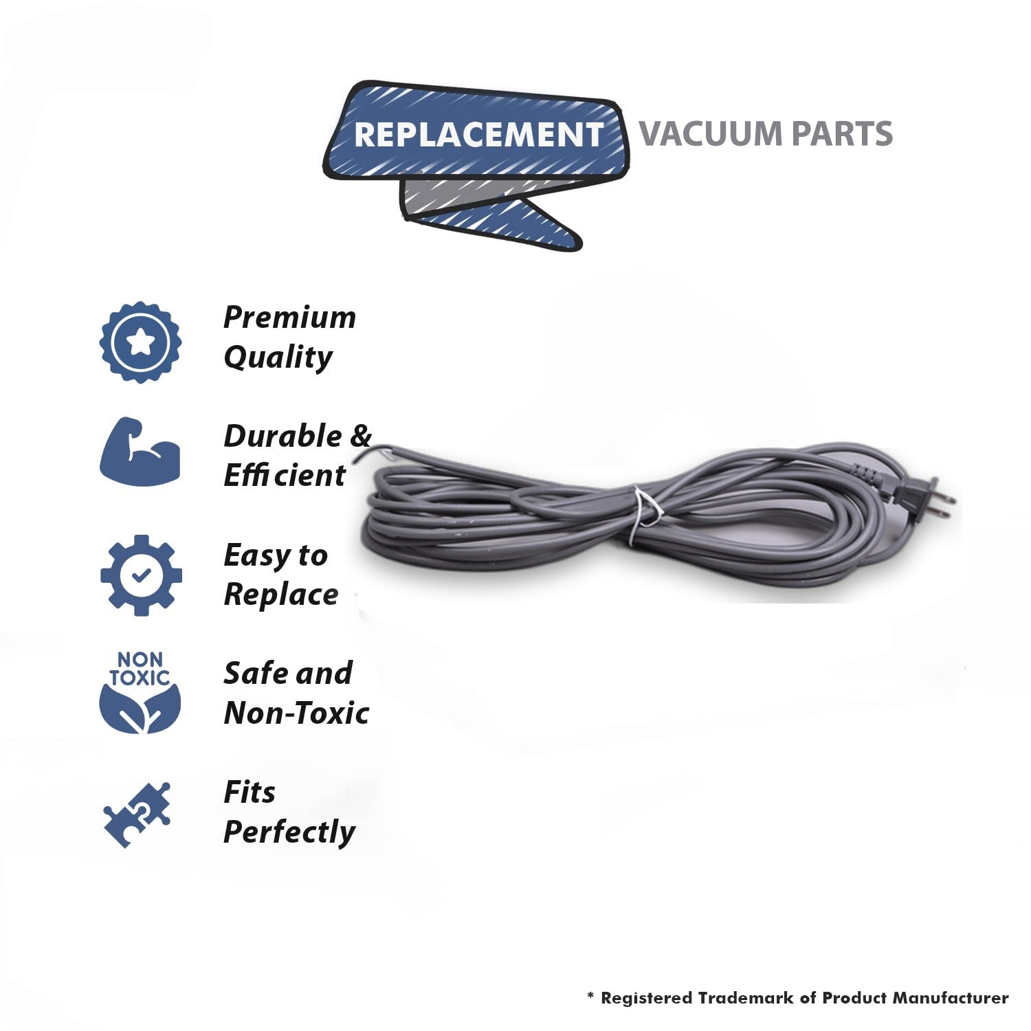 Topvacuumparts Replacement Part For Fit All Residential Vacuum Cleaner 30'17-2 Gray Grip Male Plug Cord # 32-5430-26
