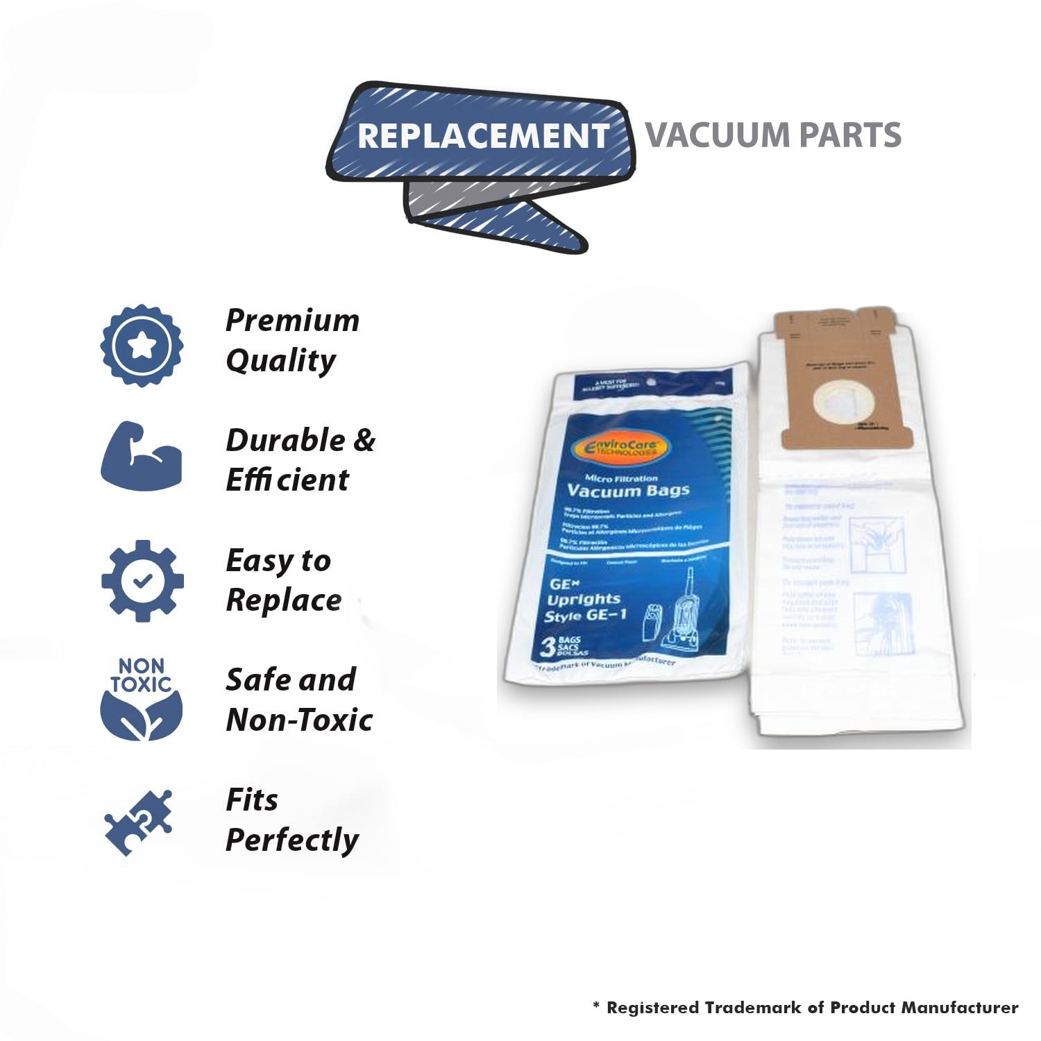 Topvacuumparts Replacement Part For GE/Walmart Style GE-1 Upright Vacuum Cleaner Microlinded Replacement Paper Bags 3PK # compare to part 62423