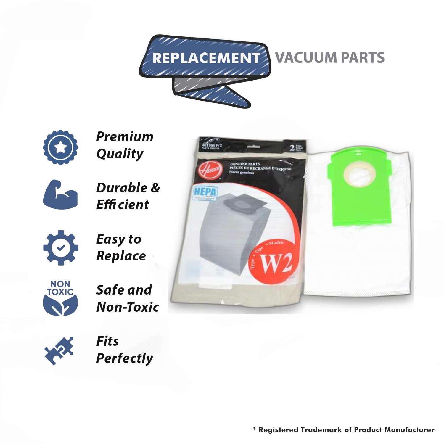 Topvacuumparts Replacement Part For Hoover Upright Vacuum Cleaner W2-Type Hepa Paper Bags 2PK # compare to part 401080W2
