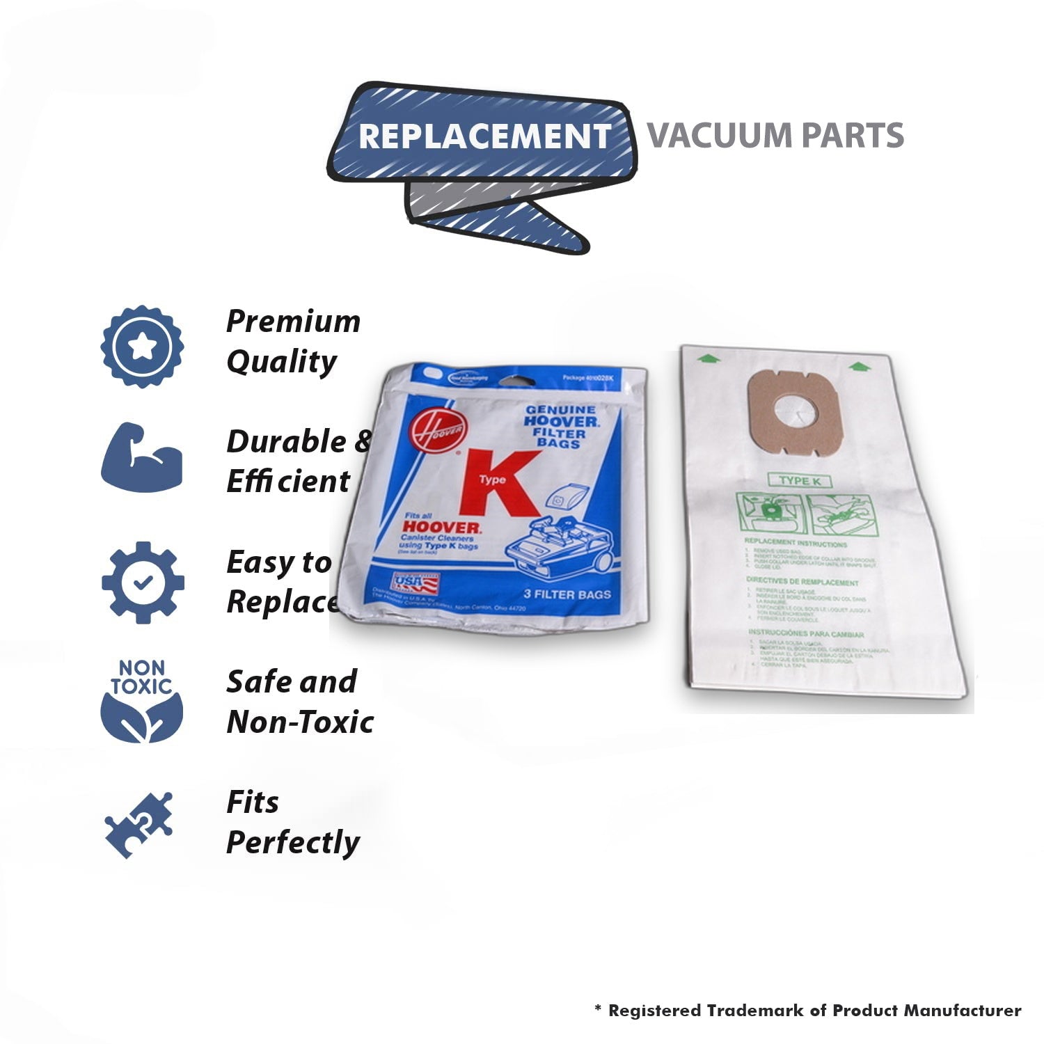 Topvacuumparts Replacement Part For Hoover VACUUM CLEANER BAGS Type K Canister Spirit 3/pack ASPIRATEUR SAC/ITEM # compare to part 4010028K