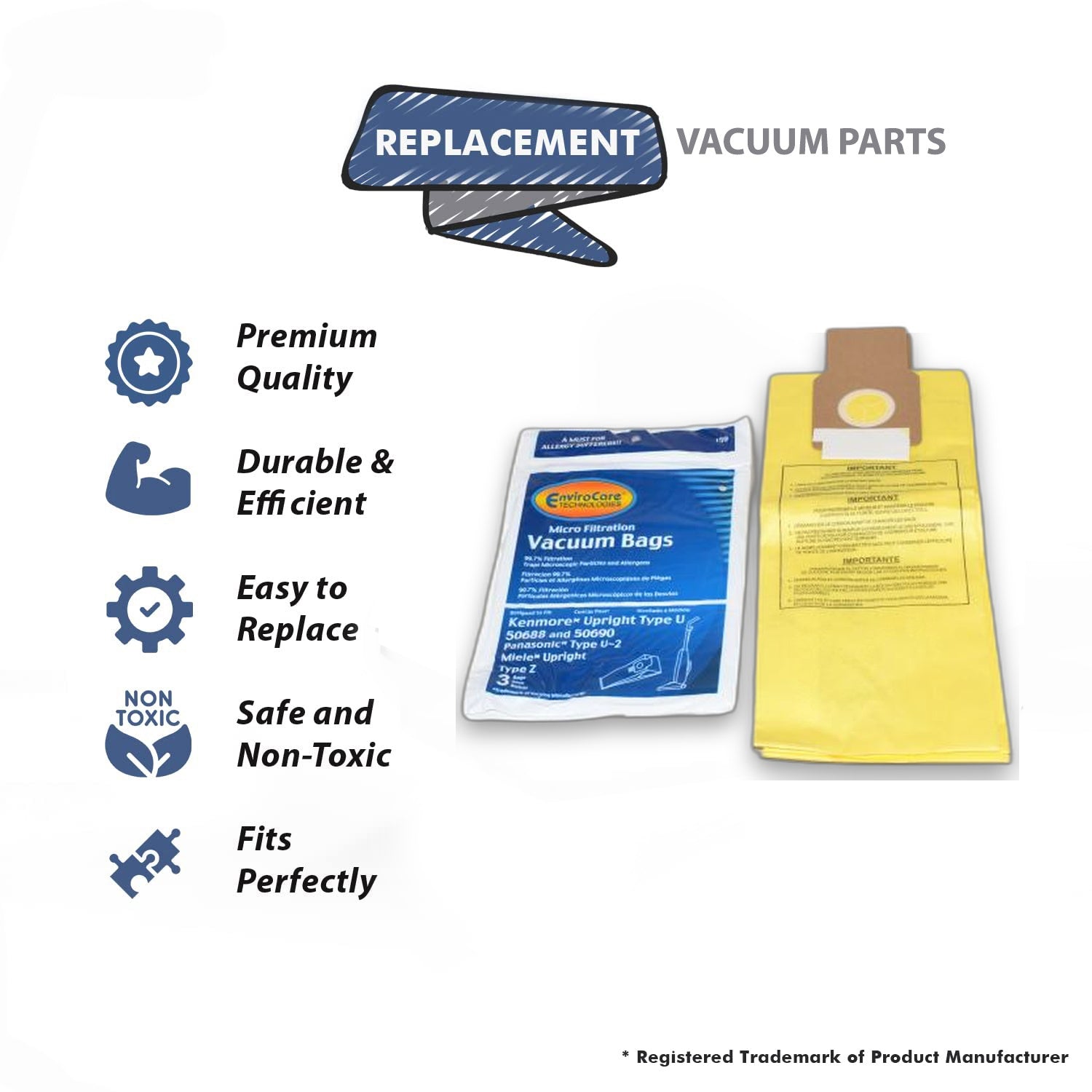 Topvacuumparts  3pk Bags replace Kenmore 50688/50690 U. Fits Panasonic U-2, Miele Z, Sanyo PU-1 & MC-117PF, MC-E400,SC-A/U vacuum models.#159