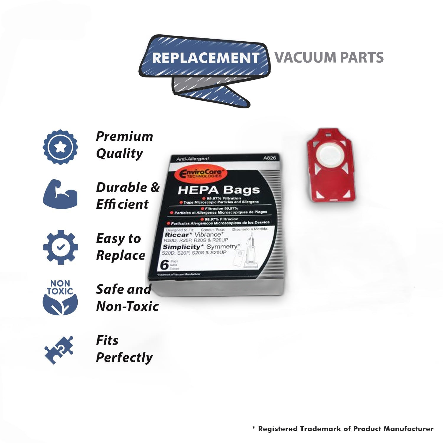 Topvacuumparts Replacement Part For Simplicity/Riccar Vibrance, Symmetry Vacuum Cleaner 6 Paper Bags W/Red Dock System