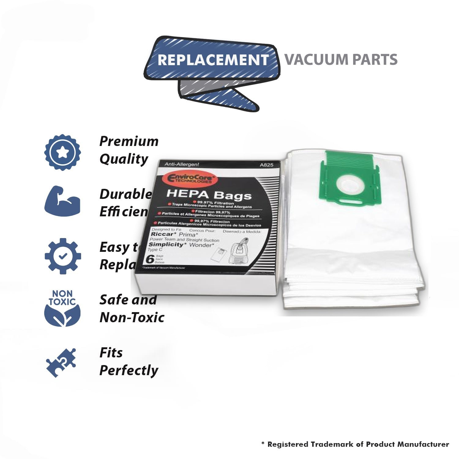 Topvacuumparts Replacement Part For Simplicity/Riccar Prima Canister Vacuum Cleaner 6 Paper Bags W/Green Plastic Collar # compare to part A825