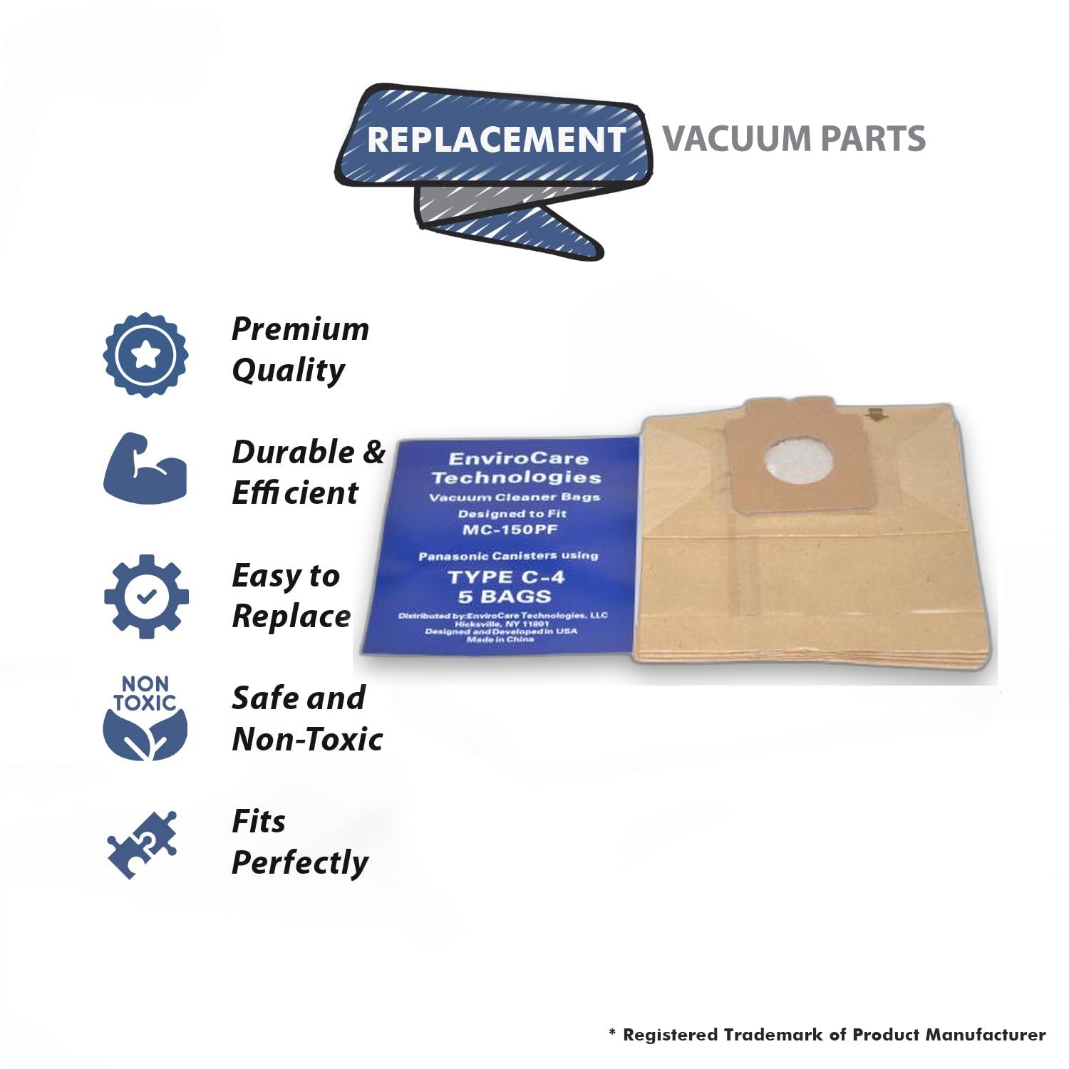Topvacuumparts Replacement Part For Panasonic C-4 Canister Vacuum Cleaner Paper Bags 5PK # Compare To Part MC-150PF