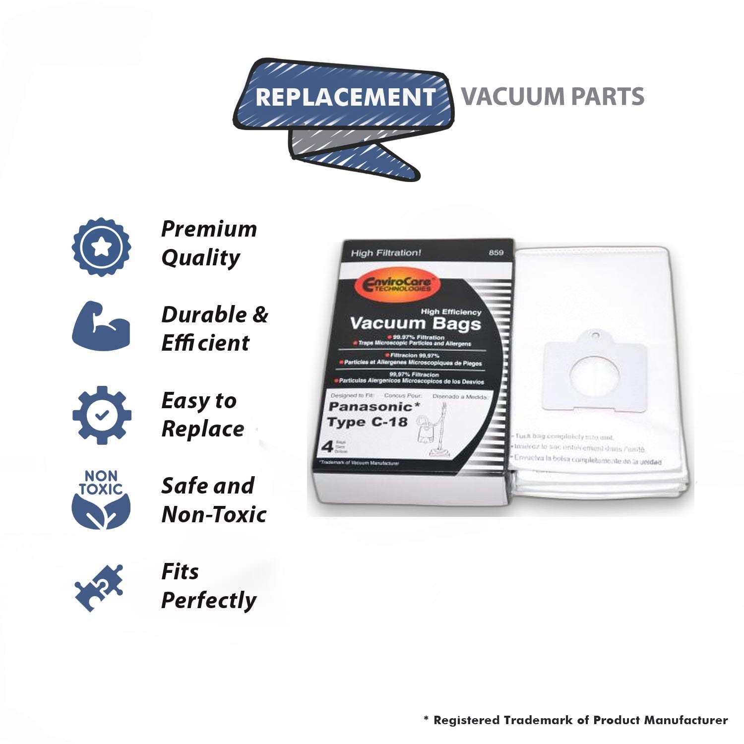 Topvacuumparts High Efficiency Vacuum Dust Bags Replacement Part for Panasonic Type C 18 Canisters 4 Bags # compare to part AMC J3EP
