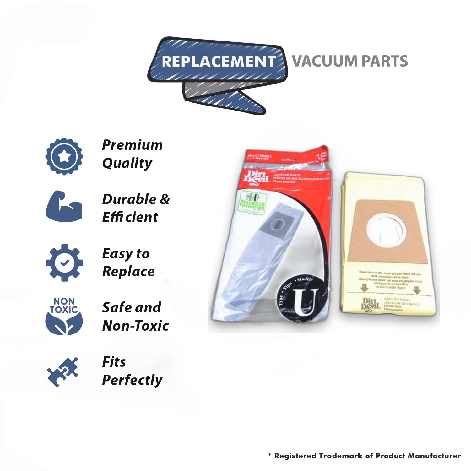Topvacuumparts Replacement Part For Dirt Devil Vacuum Paper Bags 3p for Fit Type U, 085750CAB, 086320C, 091020V, 085570# compare to part 3920750001