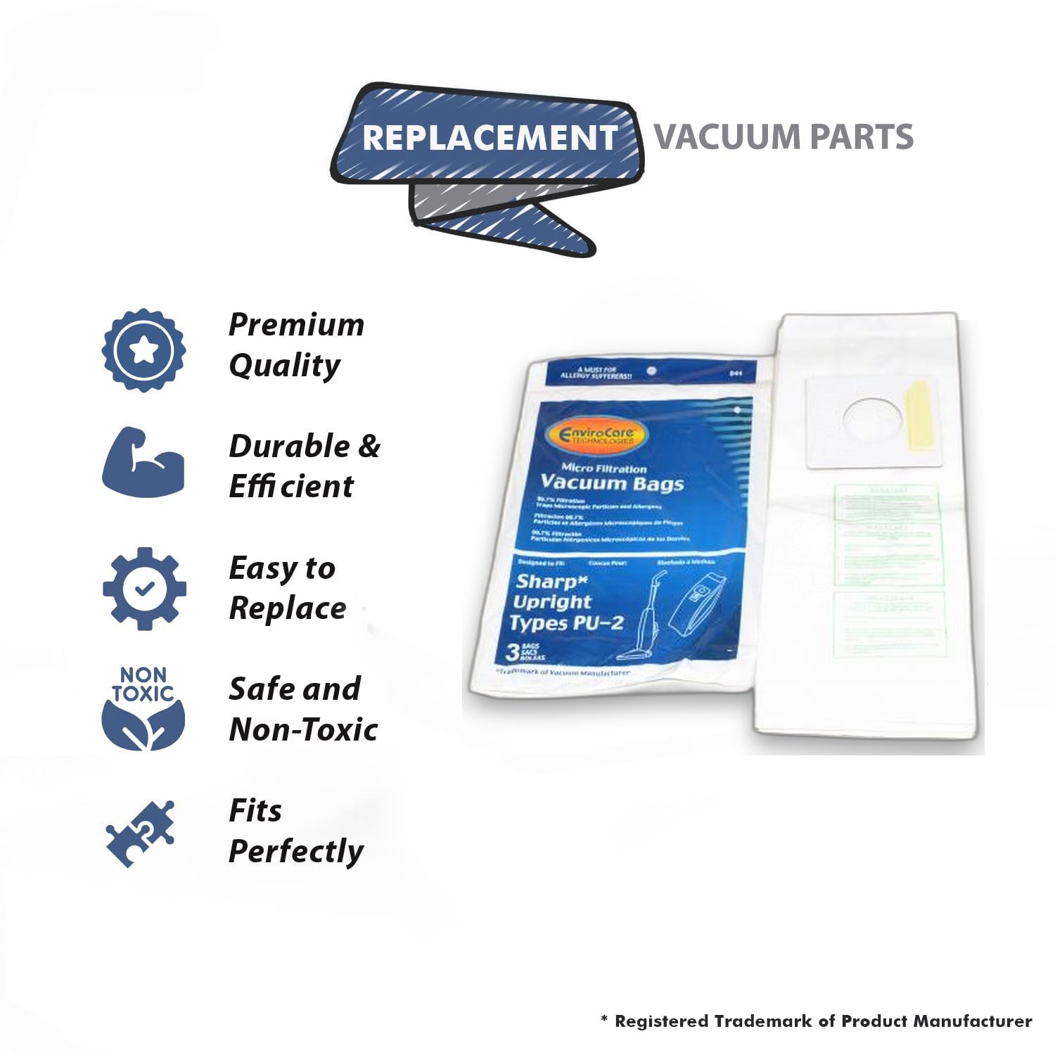 Topvacuumparts 3Pk Vacuum Bags Type-PU2 Replacement Part For Sharp Upright # compare to part PU-2, SHR-14353-9