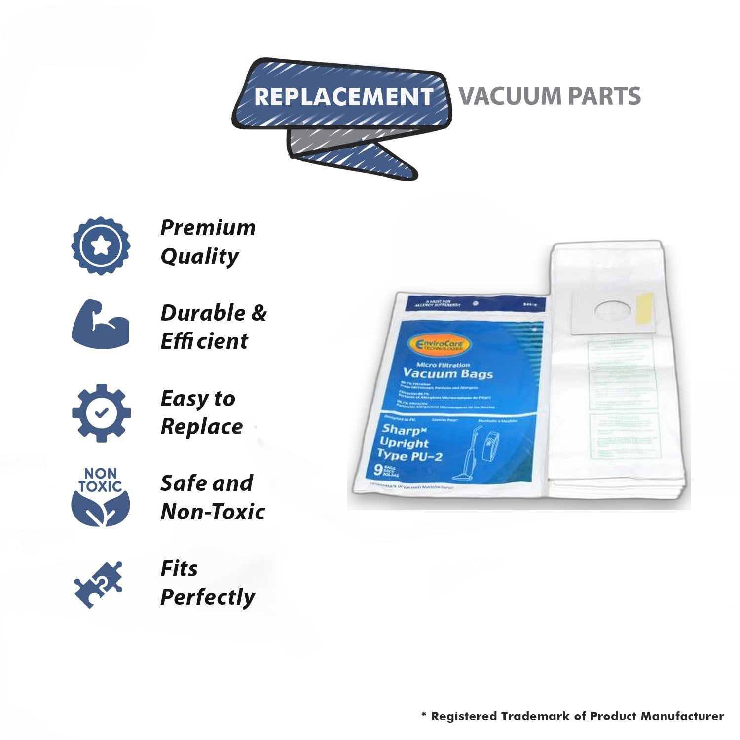 Topvacuumparts 9 Sharp Pu2 Allergy Vacuum Bags, Upright Vacuum Cleaners EC12SWC ECT5970 ECT5980 # compare to part PU-2, SHR-14353-9
