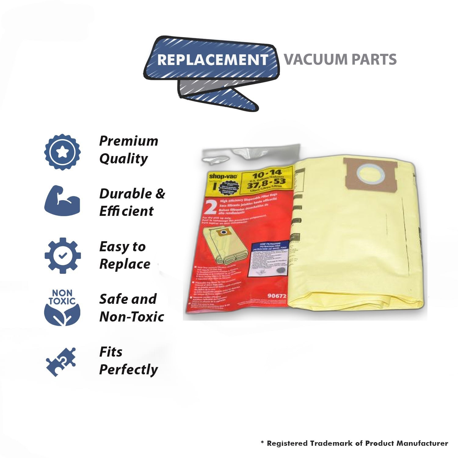 Topvacuumparts Replacement Part For Shop Vac 10 14 Gallons High Efficiency Vacuum Paper Bags (1Pk 2 Bags) # Compare to Part 906 7200, 9067233