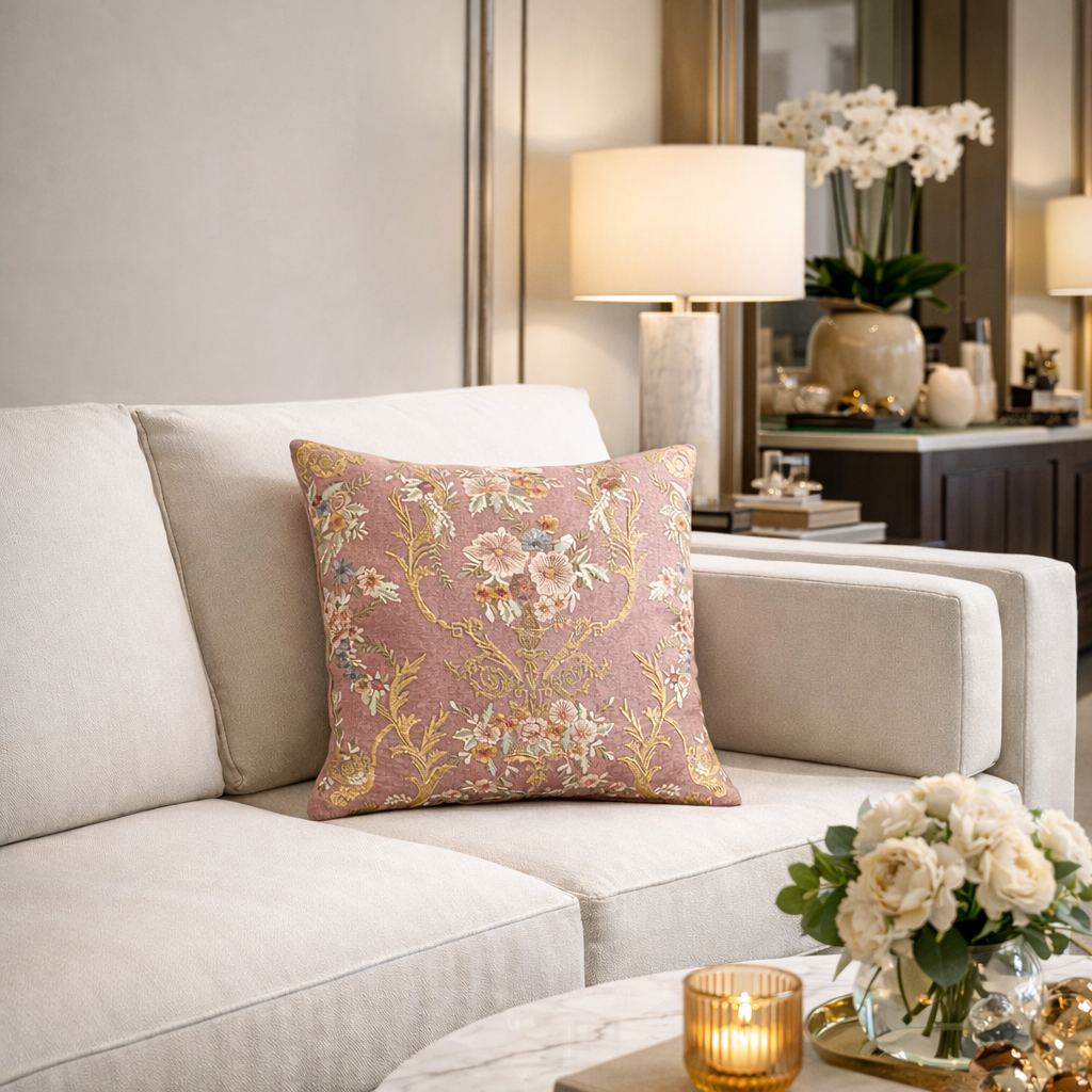 Fontainebleau Embroidered Linen Throw Pillow Cover, 18 x 18