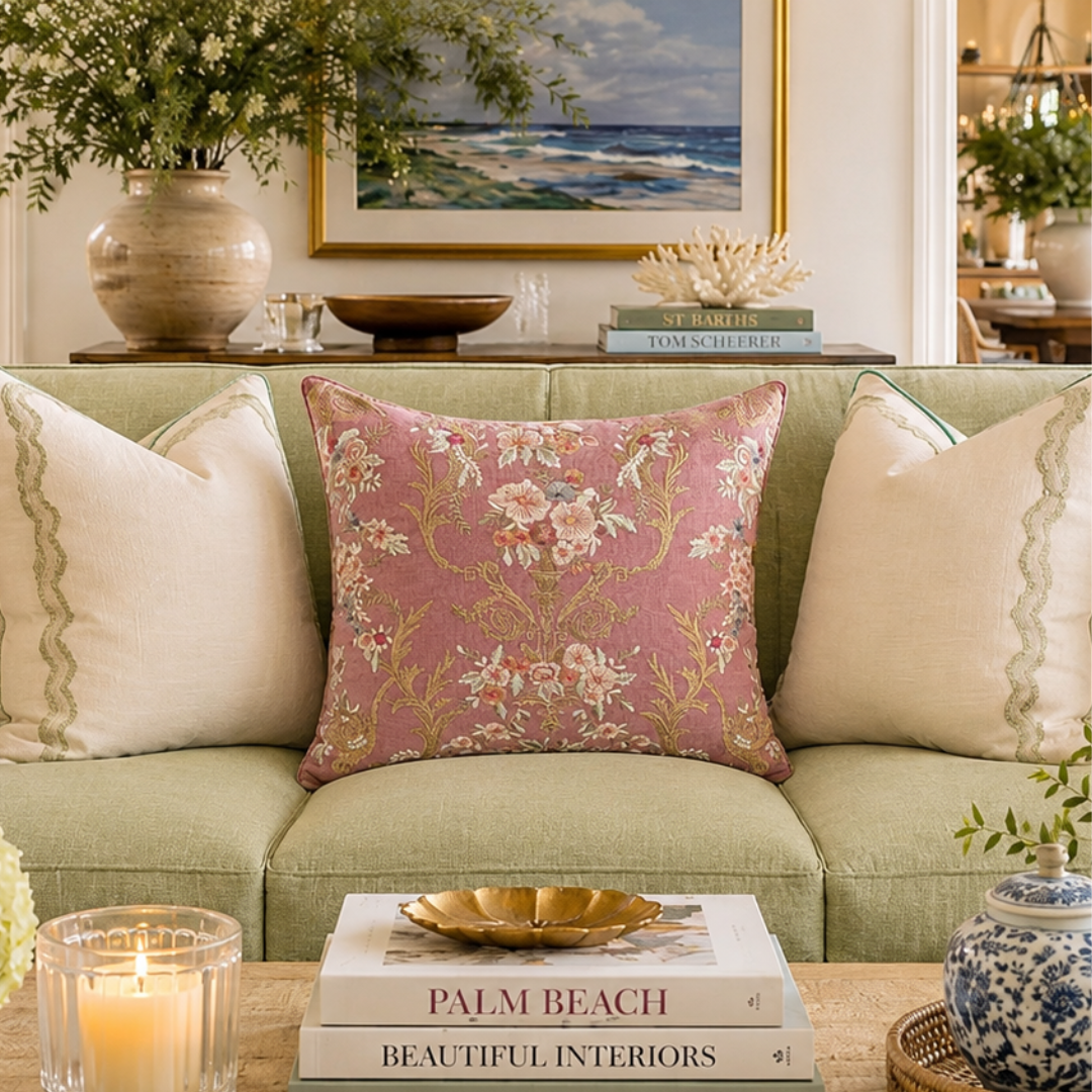 Fontainebleau Embroidered Linen Throw Pillow Cover, 18 x 18