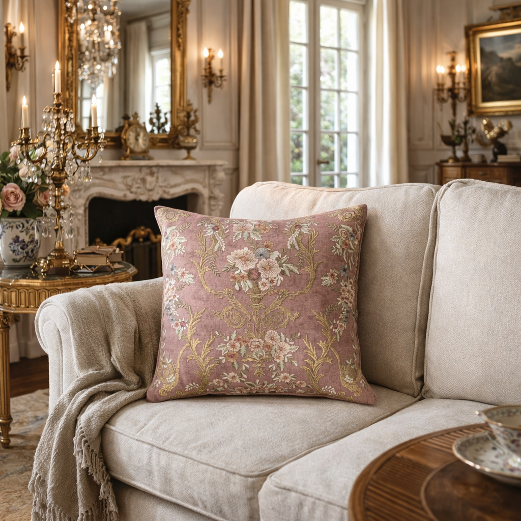 Fontainebleau Embroidered Linen Throw Pillow Cover, 18 x 18