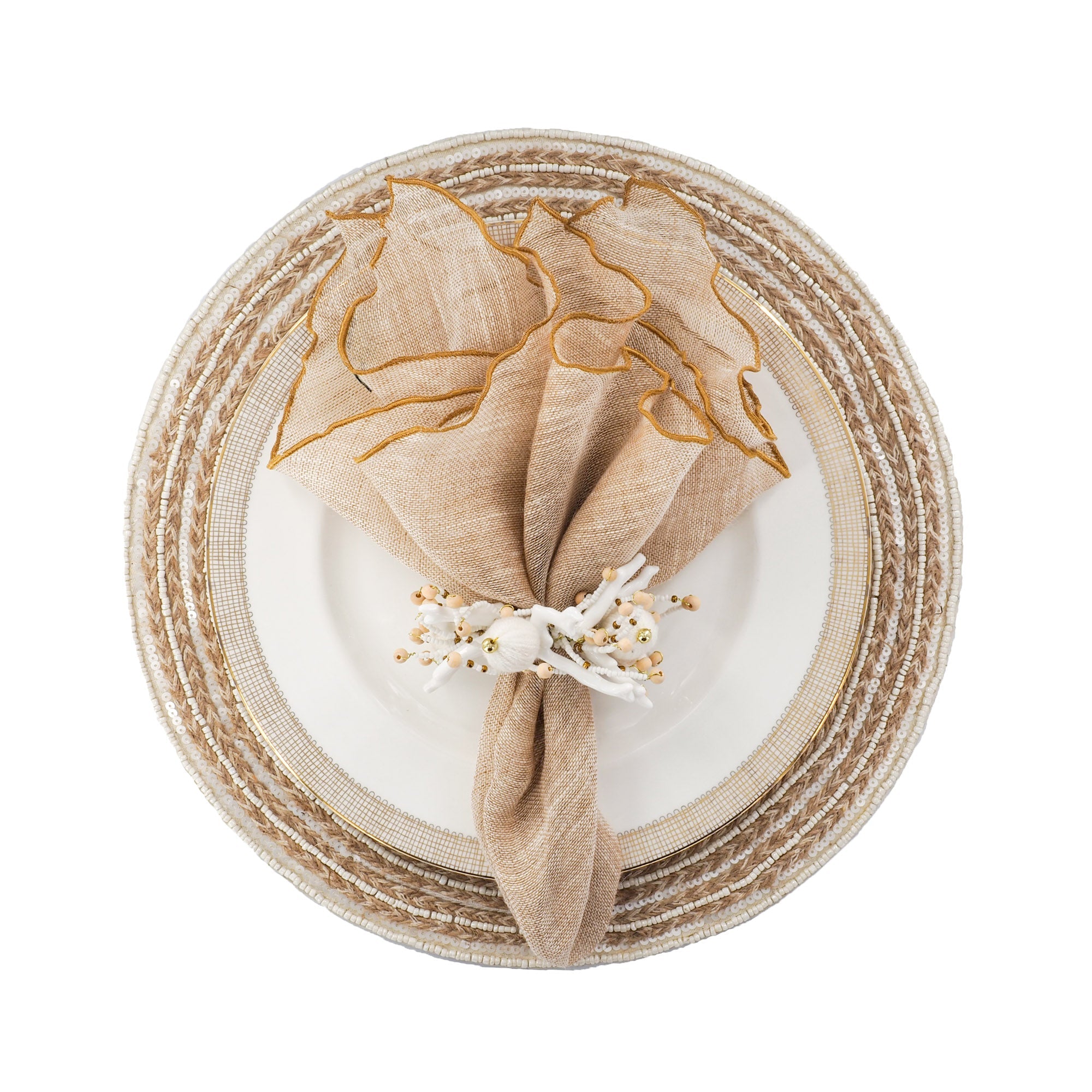 Gold Linen Napkins With Gold Ruffled Edges, Set of 4