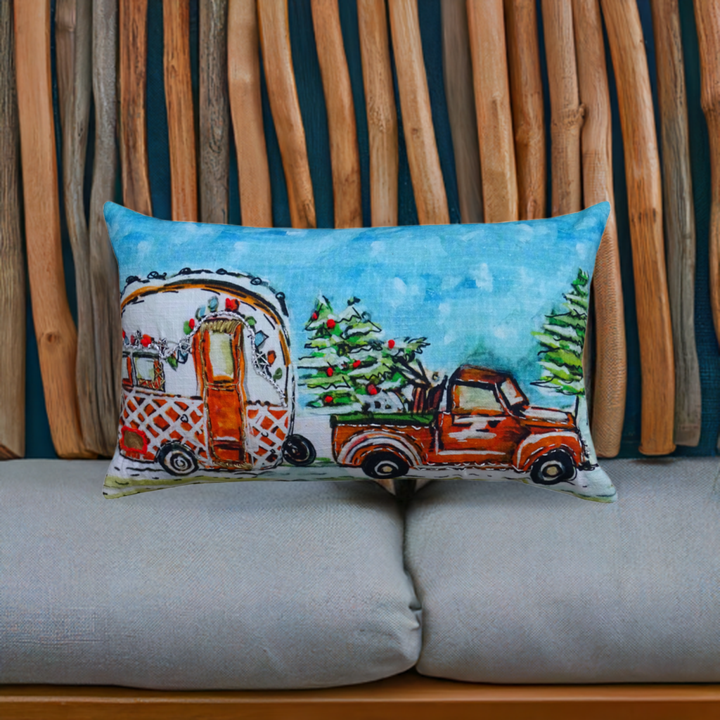 Hand Illustrated Christmas Cravan Holiday Pillow (14