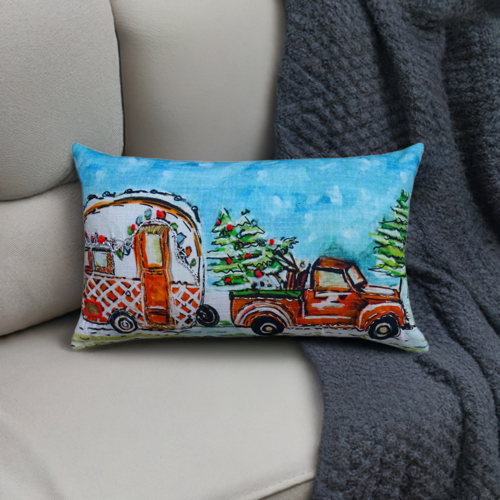 Hand Illustrated Christmas Cravan Holiday Pillow (14