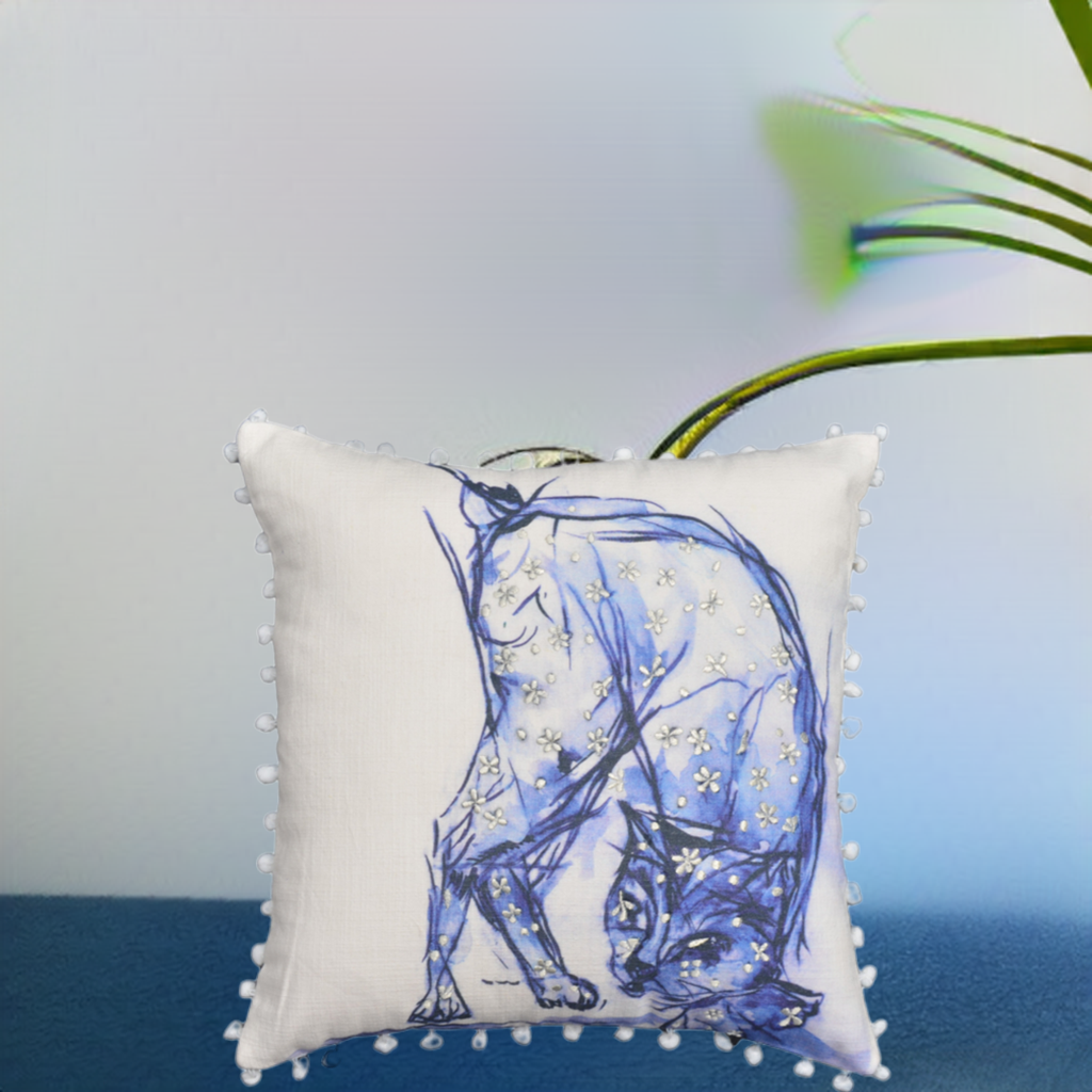 Blue Decorative Pillow with Pom-Poms Cat 18
