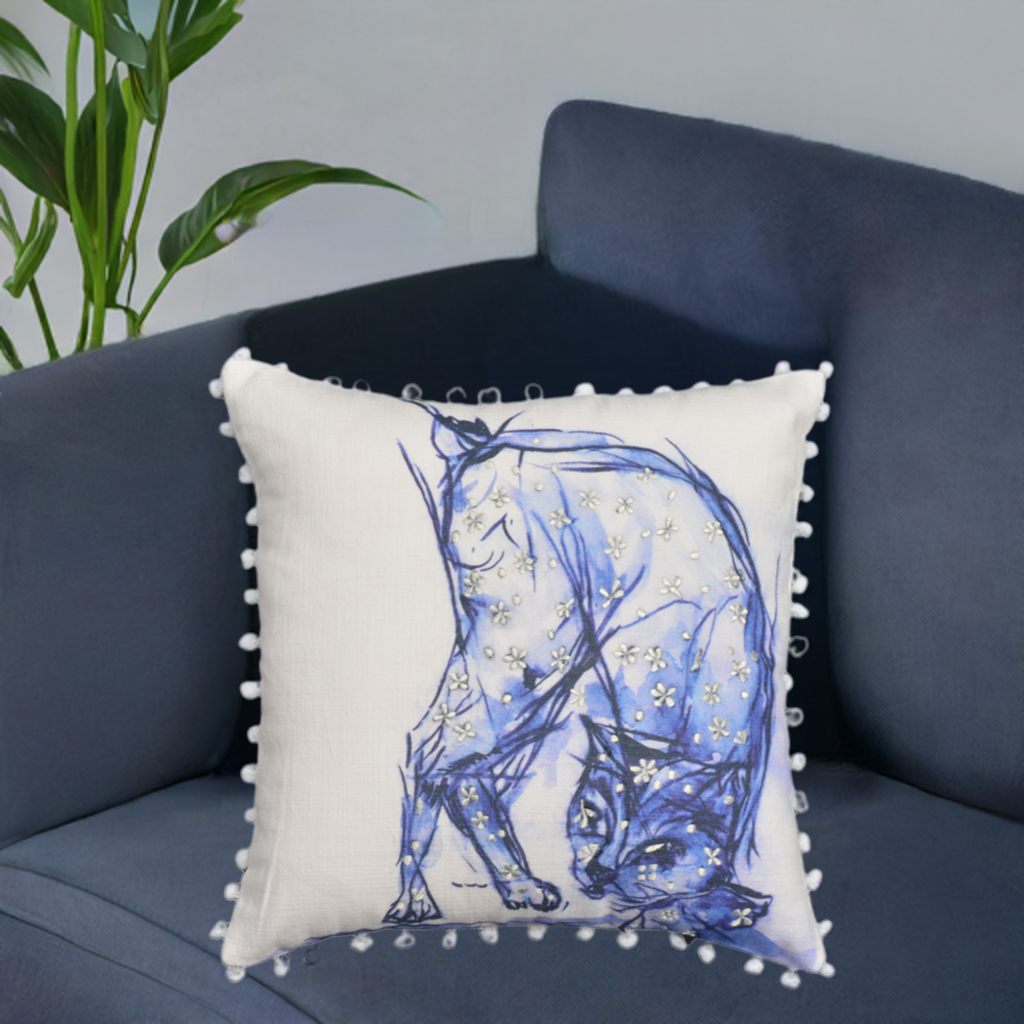 Blue Decorative Pillow with Pom-Poms Cat 18