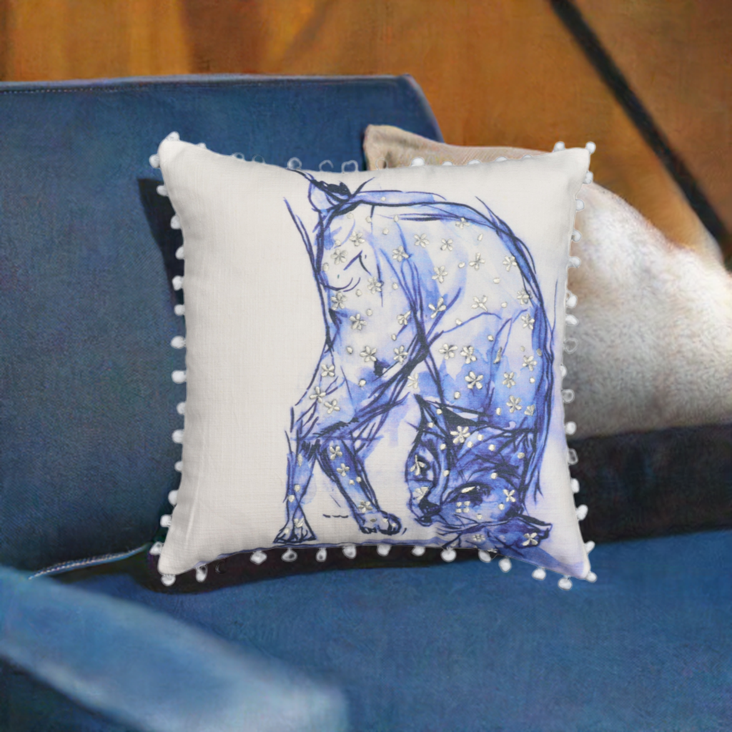 Blue Decorative Pillow with Pom-Poms Cat 18