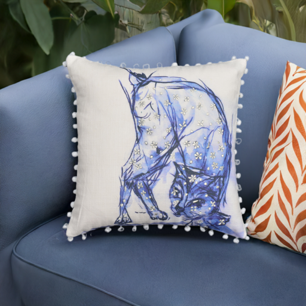 Blue Decorative Pillow with Pom-Poms Cat 18