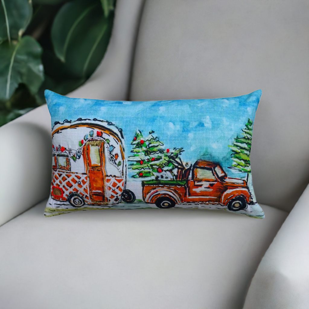 Hand Illustrated Christmas Cravan Holiday Pillow (14