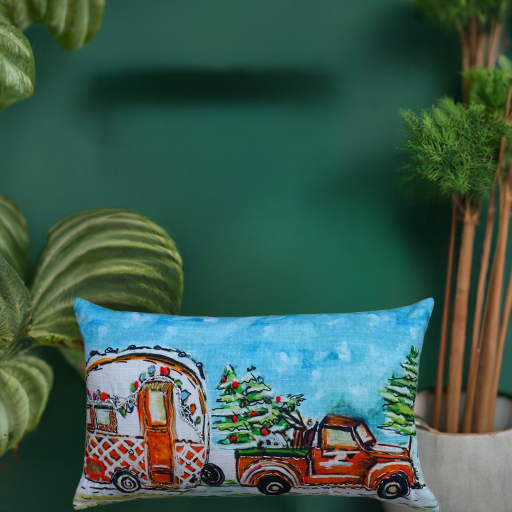 Hand Illustrated Christmas Cravan Holiday Pillow (14