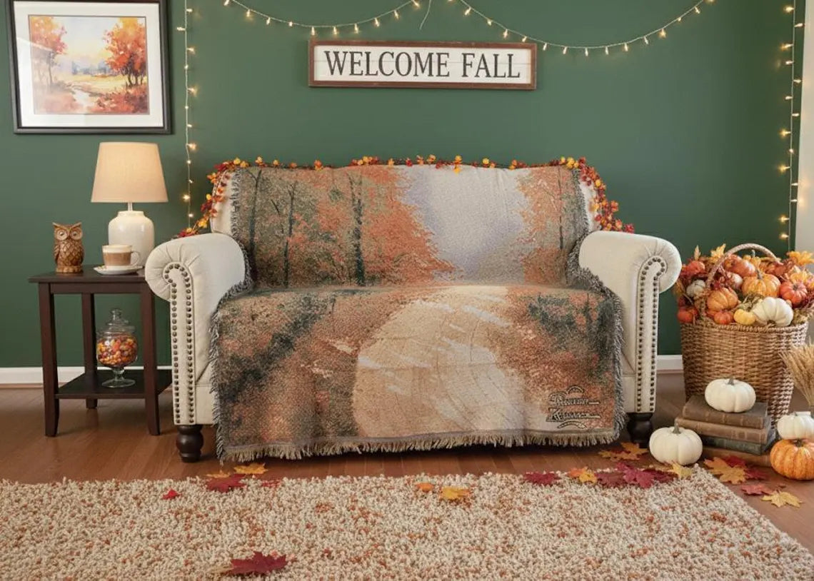 Autumn Authentic Tapestry Throw Blanket - Decorative Orange Fall Leaves Forest Woven Stitched Design - 50